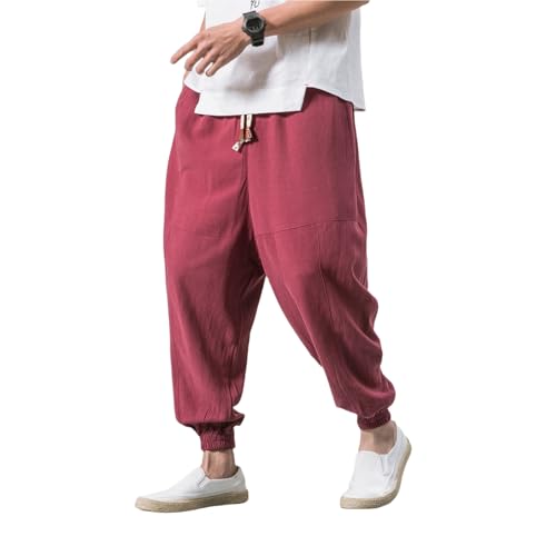 Herren Harem Japanisch Einfarbige Leinenhose aus Baumwolle und Leinen Loose Casual Freizeithose Heimhose Baggy Haremshose Mit Taschen Und Kodelzug Lang Leichte Atmungsaktiv Pluderhose Pants von UPOI