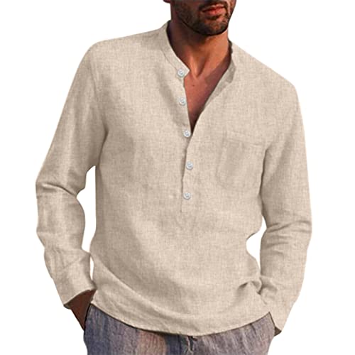 Herren Leinenhemd Langarm Freizeithemd Businesshemd Sommer Baumwolle Bequem Langarmshirt Männer Slim Fit Knöpfen Strandhemd Casual Herrenhemd Henley Shirts Leinen Hemden von UPOI