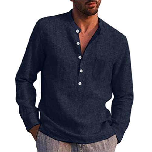 Herren Leinenhemd Langarm Freizeithemd Businesshemd Sommer Baumwolle Bequem Langarmshirt Männer Slim Fit Knöpfen Strandhemd Casual Herrenhemd Henley Shirts Leinen Hemden von UPOI