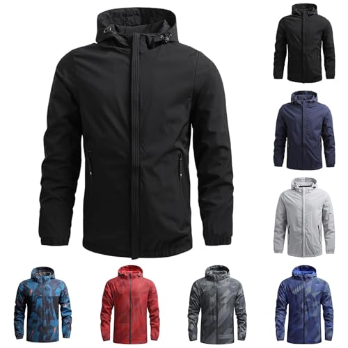 Jacke Herren Übergangsjacke mit Kapuze Windbreaker Männer Regenjacke Leichte Outdoor Windjacke Freizeit Regenmantel Softshell Jacket Reißverschluss Winddicht Herbst Winter Kapuzenjacke Trenchcoat von UPOI