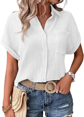Musselin Bluse Damen,Leinenbluse Damen,Sommer Button-Down Leinenhemd Oberteile Oversized V Ausschnitt Leinenbluse Bluse Große Größen Leinen Kleidung Musselin Hemd Solide Top von UPOI