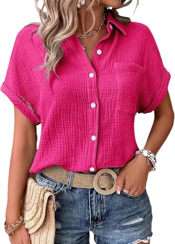 Musselin Bluse Damen,Leinenbluse Damen,Sommer Button-Down Leinenhemd Oberteile Oversized V Ausschnitt Leinenbluse Bluse Große Größen Leinen Kleidung Musselin Hemd Solide Top von UPOI