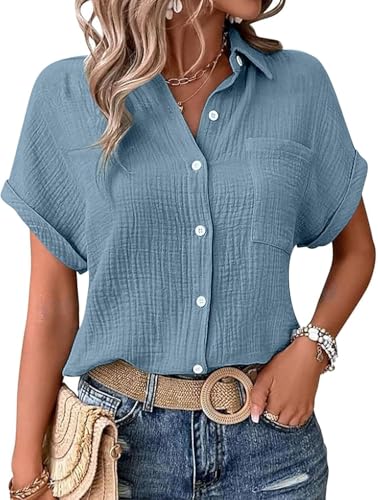 Musselin Bluse Damen,Leinenbluse Damen,Sommer Button-Down Leinenhemd Oberteile Oversized V Ausschnitt Leinenbluse Bluse Große Größen Leinen Kleidung Musselin Hemd Solide Top von UPOI