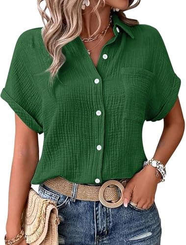 Musselin Bluse Damen,Leinenbluse Damen,Sommer Button-Down Leinenhemd Oberteile Oversized V Ausschnitt Leinenbluse Bluse Große Größen Leinen Kleidung Musselin Hemd Solide Top von UPOI
