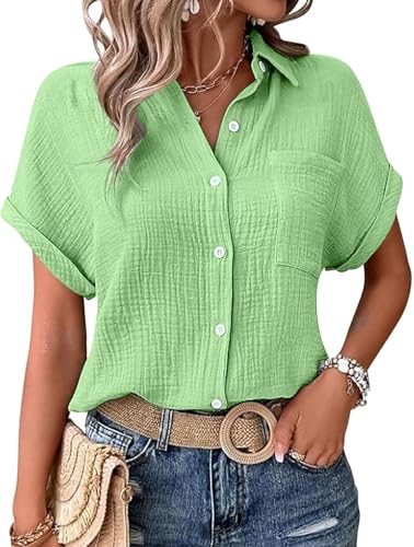 Musselin Bluse Damen,Leinenbluse Damen,Sommer Button-Down Leinenhemd Oberteile Oversized V Ausschnitt Leinenbluse Bluse Große Größen Leinen Kleidung Musselin Hemd Solide Top von UPOI