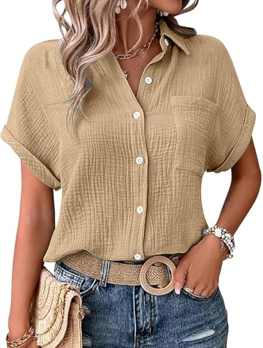 Musselin Bluse Damen,Leinenbluse Damen,Sommer Button-Down Leinenhemd Oberteile Oversized V Ausschnitt Leinenbluse Bluse Große Größen Leinen Kleidung Musselin Hemd Solide Top von UPOI