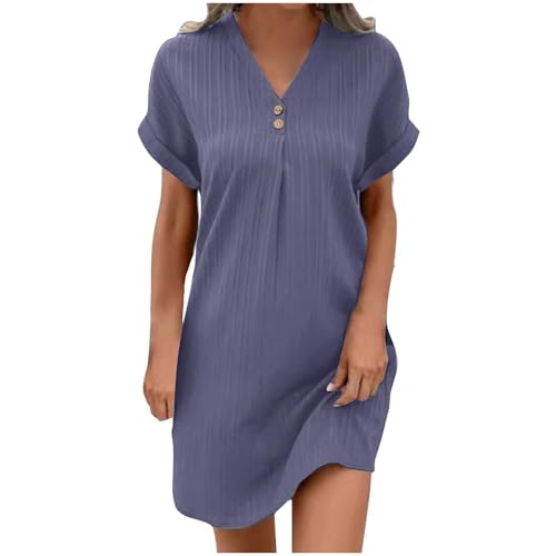 Sommerkleid Damen Musselin Kleid Sommer Strandkleid Shirtkleid Bluse Kleider mit Taschen Einfarbige Strandkleider V-Ausschnitt Tankkleid Tshirt Leicht und Luftig Boho Tunika Blusenkleid Freizeitkleid von UPOI