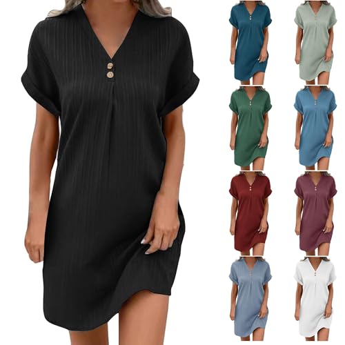 Sommerkleid Damen Musselin Kleid Sommer Strandkleid Shirtkleid Bluse Kleider mit Taschen Einfarbige Strandkleider V-Ausschnitt Tankkleid Tshirt Leicht und Luftig Boho Tunika Blusenkleid Freizeitkleid von UPOI