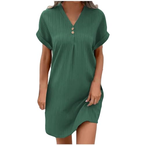 Sommerkleid Damen Musselin Kleid Sommer Strandkleid Shirtkleid Bluse Kleider mit Taschen Einfarbige Strandkleider V-Ausschnitt Tankkleid Tshirt Leicht und Luftig Boho Tunika Blusenkleid Freizeitkleid von UPOI