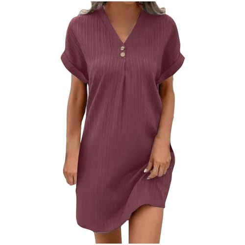 Sommerkleid Damen Musselin Kleid Sommer Strandkleid Shirtkleid Bluse Kleider mit Taschen Einfarbige Strandkleider V-Ausschnitt Tankkleid Tshirt Leicht und Luftig Boho Tunika Blusenkleid Freizeitkleid von UPOI