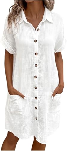 Sommerkleid Damen Musselin Kleid Sommer Strandkleid Shirtkleid Bluse Kleider mit Taschen Einfarbige Strandkleider V-Ausschnitt Tankkleid Tshirt Leicht und Luftig Boho Tunika Blusenkleid Freizeitkleid von UPOI
