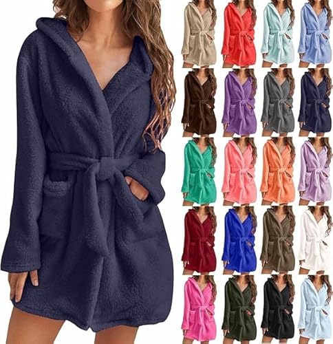 UPOI 2024 Bademantel Damen Kurz Frottee mit Kapuze Warm Langarm Flauschig Kuschelig Bathrobe Leichte Einfarbig Morgenmantel Herbst Winter Fleece-Hausmantel mit Taschen von UPOI