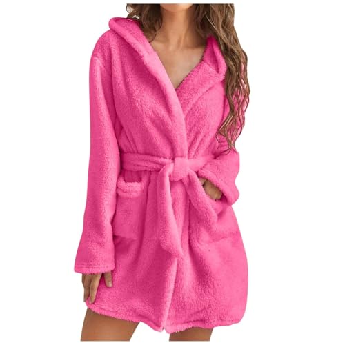 UPOI 2024 Bademantel Damen Kurz Frottee mit Kapuze Warm Langarm Flauschig Kuschelig Bathrobe Leichte Einfarbig Morgenmantel Herbst Winter Fleece-Hausmantel mit Taschen von UPOI