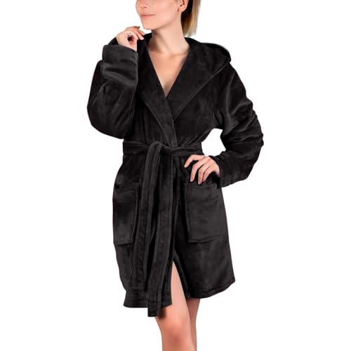 UPOI 2024 Bademantel Damen Kurz Frottee mit Kapuze Warm Langarm Flauschig Kuschelig Bathrobe Leichte Einfarbig Morgenmantel Herbst Winter Fleece-Hausmantel mit Taschen von UPOI