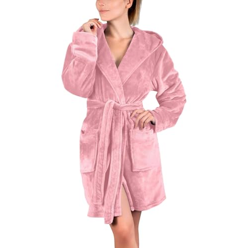 UPOI 2024 Bademantel Damen Kurz Frottee mit Kapuze Warm Langarm Flauschig Kuschelig Bathrobe Leichte Einfarbig Morgenmantel Herbst Winter Fleece-Hausmantel mit Taschen von UPOI