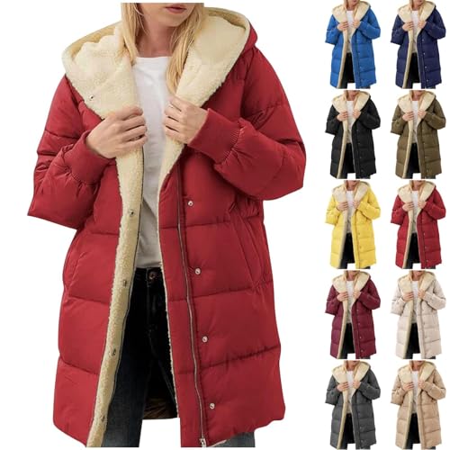 UPOI 2024 Fleecejacke Damen Lang mit Kapuze Wintermantel Kuschelig Fleecefutter Parka Mantel Plüsch Steppjacke Windbreaker Trenchcoat Outdoor Winterparka Übergangsmantel Kapuzenjacke von UPOI