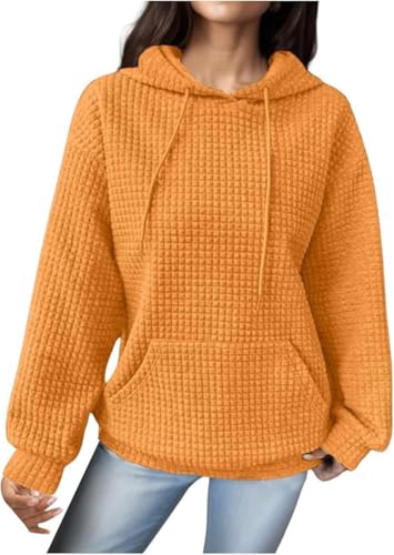 UPOI 2024 Kapuzenpullover Damen Hoodie Waffel Pullover mit Taschen Kordelzug Sweatshirt mit Kapuze Einfarbig Langarmshirt Lässig Langarm Oberteile Herbst Winter Warm Outwear von UPOI
