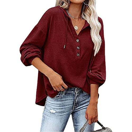UPOI 2024 Kapuzenpullover Damen Langarm Knöpfen Pullover mit Kordelzug Freizeit V-Ausschnitt Hooded Henley Sweatshirt Klassisch Oberteil T-Shirts von UPOI