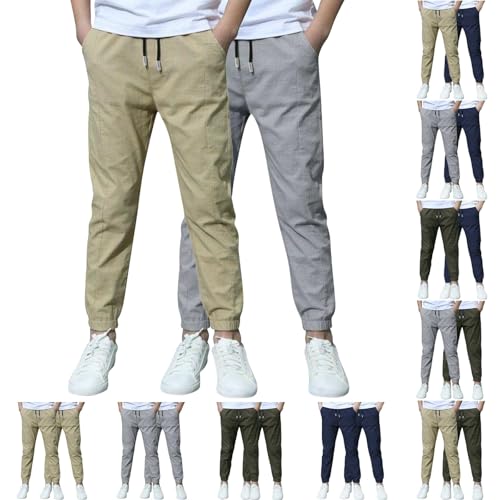UPOI 2er Pack Jogginghose Jungen Baumwolle Leinenhose Sporthose Einfarbig Cargo Baggy Pants Kinder Freizeithose mit Kordelzug und elastischen Bündchen Cargohose Outdoor Hose von UPOI