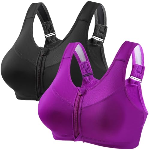 UPOI 2er Pack Sport BH Damen Starker Halt mit Vorderverschluss Große Größe Mesh Gepolstert Klassische BHS Push Up BH mit Verstellbarem Sports Bra Top Bustier für Alltag Yoga Lauf Joggen Reiten von UPOI
