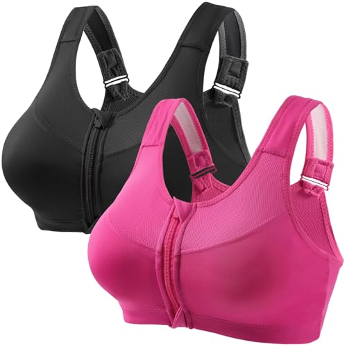 UPOI 2er Pack Sport BH Damen Starker Halt mit Vorderverschluss Große Größe Mesh Gepolstert Klassische BHS Push Up BH mit Verstellbarem Sports Bra Top Bustier für Alltag Yoga Lauf Joggen Reiten von UPOI