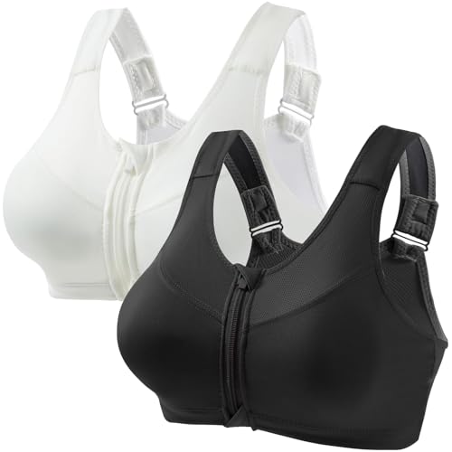 UPOI 2er Pack Sport BH Damen Starker Halt mit Vorderverschluss Große Größe Mesh Gepolstert Klassische BHS Push Up BH mit Verstellbarem Sports Bra Top Bustier für Alltag Yoga Lauf Joggen Reiten von UPOI