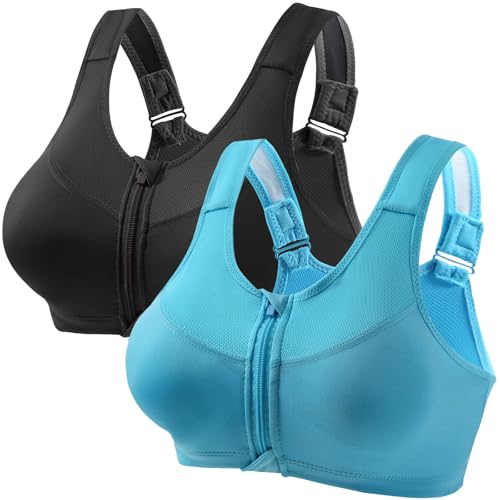 UPOI 2er Pack Sport BH Damen Starker Halt mit Vorderverschluss Große Größe Mesh Gepolstert Klassische BHS Push Up BH mit Verstellbarem Sports Bra Top Bustier für Alltag Yoga Lauf Joggen Reiten von UPOI