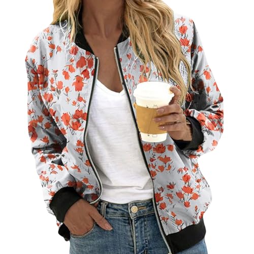 UPOI Bomberjacke Damen Blumenmuster Coat Sommer Blouson Reißverschluss Herbst Frühling Jacket Mädchen Sommerjacke Kurz Outwear College Jacke leichte Pilotenjacke Langarm Fliegerjacke Pilotenjacke von UPOI