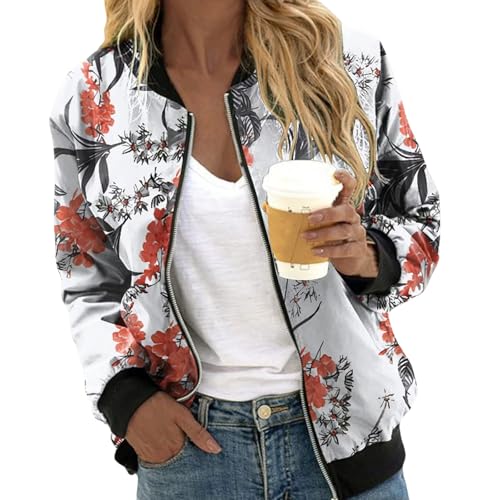 UPOI Bomberjacke Damen Blumenmuster Coat Sommer Blouson Reißverschluss Herbst Frühling Jacket Mädchen Sommerjacke Kurz Outwear College Jacke leichte Pilotenjacke Langarm Fliegerjacke Pilotenjacke von UPOI