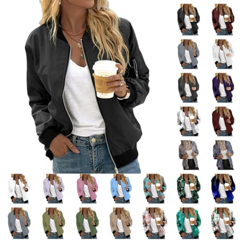 UPOI Bomberjacke Damen Blumenmuster Coat Sommer Blouson Reißverschluss Herbst Frühling Jacket Mädchen Sommerjacke Kurz Outwear College Jacke leichte Pilotenjacke Langarm Fliegerjacke Pilotenjacke von UPOI