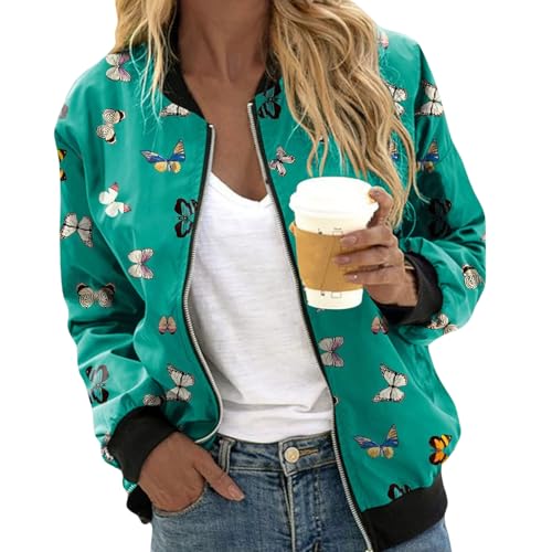 UPOI Bomberjacke Damen Blumenmuster Leichte Sommerjacke Frühlingsjacke Sommer Reißverschluss Kurz Pilotenjacke Blouson Jacke Dünne Langarm Übergangsjacke College Jacke Mädchen Fliegerjacke von UPOI