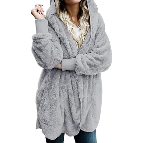 UPOI Damen Mantel Plüschjacke Hoodie Jacke Oversize Wintermantel Kurzmantel Warm Cardigan Kapuzenjacke Winterjacke mit Taschen S-5XL von UPOI