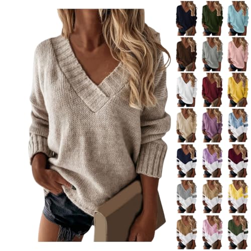 UPOI Damen Pullover Winter Langarm V-Ausschnitt Strickpullover Sexy Lose Einfarbig Lange Ärmel Sweatshirt Casual Winter Sweater Langarmshirt Oberteile Tops von UPOI