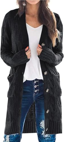 UPOI Damen Strickjacke Strick Cardigan Lange Elegant Strickjacken mit Taschen mit Knöpfen Strickwaren Übergroße Pullover Strickmantel für Herbst Winter Langarm Grobstrick-Cardigan Open Front Sweater von UPOI