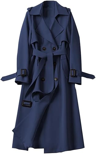 UPOI Damen Trenchcoat Elegant Zweireiher Langer Mantel Winddichter Jacke Cardigan Wintermantel Einfarbig Revers Damenmantel Windjacke Übergangsmantel mit Taschen mit Knöpfen Outwear von UPOI