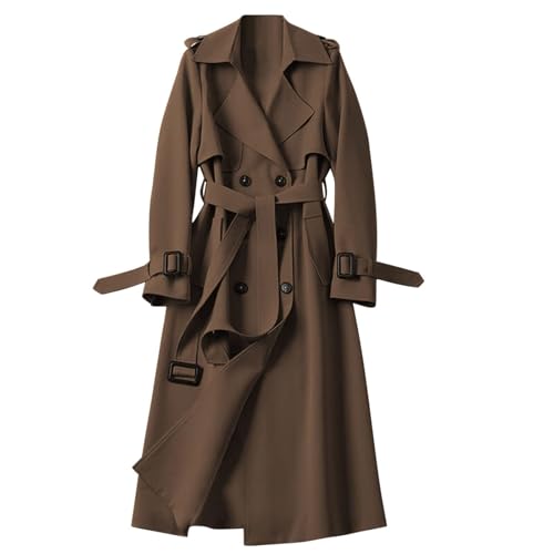 UPOI Damen Trenchcoat Elegant Zweireiher Langer Mantel Winddichter Jacke Cardigan Wintermantel Einfarbig Revers Damenmantel Windjacke Übergangsmantel mit Taschen mit Knöpfen Outwear von UPOI