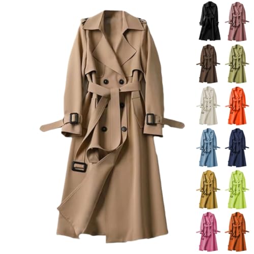 UPOI Damen Trenchcoat Elegant Zweireiher Langer Mantel Winddichter Jacke Cardigan Wintermantel Einfarbig Revers Damenmantel Windjacke Übergangsmantel mit Taschen mit Knöpfen Outwear von UPOI