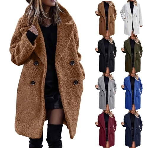 UPOI Damen Winter Mäntel Flauschig Fleecejacke Lang Winterjacke Herbst Winter Warm Teddyfleece Jacke Strickjacke Mit Taschen Cardigan Outwear Coat Übergangsjacke Plüschjacke von UPOI