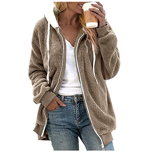 UPOI Fleecejacke Damen, Winterjacke Damen Teddy Fleece Mantel Warm Gefüttert Winter Kapuzenpullover Flauschig Plüschjacke Sweatshirt mit Kapuze Reißverschluss Winterjacke von UPOI