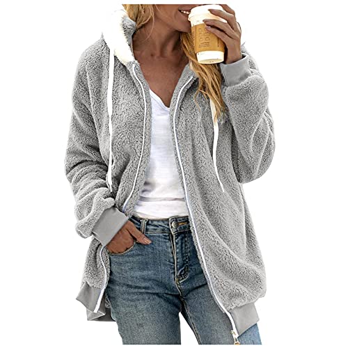 UPOI Fleecejacke Damen, Winterjacke Damen Teddy Fleece Mantel Warm Gefüttert Winter Kapuzenpullover Flauschig Plüschjacke Sweatshirt mit Kapuze Reißverschluss Winterjacke von UPOI