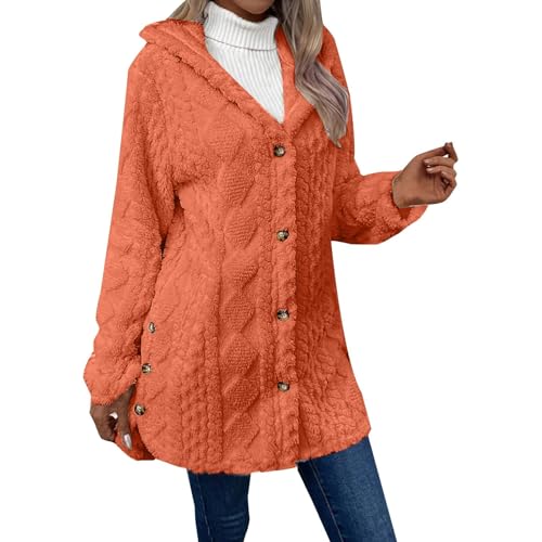 UPOI Fleecejacke Damen Lang Warm Übergangsjacke Hoodie Plüschjacke Winterjacke Casual Kapuzenjacke Reverskragen Jacke Cardigan Zweireiher Langer Mantel mit Kapuze Oversize Wintermantel von UPOI