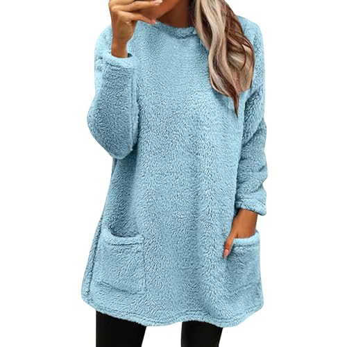 UPOI Fleecepullover Damen Sherpa Gefüttertes Pullover Lang Teddy Fleece Flauschig Pulli Winter Warm Sweatshirt Ohne Kapuze Oversize Langarm Fleecepulli mit Taschen Plush Oberteile Longbluse von UPOI