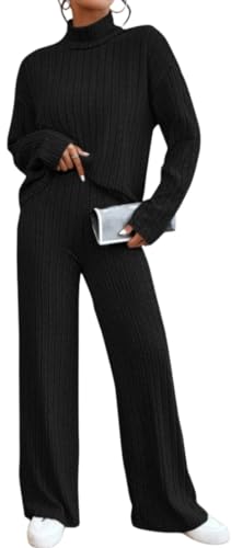 UPOI Hausanzug Damen Elegant Gestrickte Loungewear Einfarbig Strickanzug Langarm Schlafanzüge Zweiteiler V-Ausschnitt Homewear Locker Freizeitanzug Outfit Weites Bein Hose mit Taschen Lounge Set von UPOI