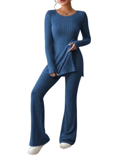 UPOI Hausanzug Damen Elegant Gestrickte Loungewear Einfarbig Strickanzug Langarm Schlafanzüge Zweiteiler V-Ausschnitt Homewear Locker Freizeitanzug Outfit Weites Bein Hose mit Taschen Lounge Set von UPOI