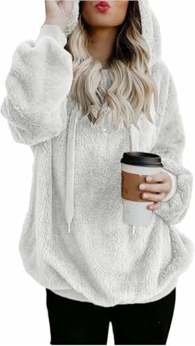 UPOI Hoodie Damen Kapuzenpullover Teddy-Fleece Pullover Herbst Winter Warm Oberteil Langarm Einfarbig Casual Sweatshirt Fleecepullover Winterpullover von UPOI