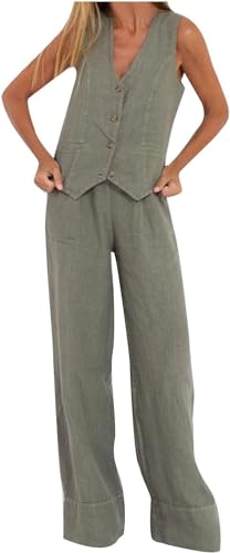 UPOI Hosenanzug Damen 2 Teiler Sommer Festlich Elegant Leinen Anzug Zweiteiler Sportlich Outfit Set Ärmellos Blazer V-Ausschnitt Weste und Hosen Hohe Taille Business Streetwear Frauen Freizeitanzug von UPOI