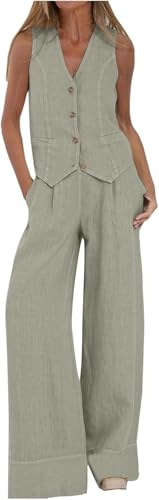 UPOI Hosenanzug Damen 2 Teiler Sommer Festlich Elegant Leinen Anzug Zweiteiler Sportlich Outfit Set Ärmellos Blazer V-Ausschnitt Weste und Hosen Hohe Taille Business Streetwear Frauen Freizeitanzug von UPOI