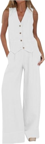 UPOI Hosenanzug Damen 2 Teiler Sommer Festlich Elegant Leinen Anzug Zweiteiler Sportlich Outfit Set Ärmellos Blazer V-Ausschnitt Weste und Hosen Hohe Taille Business Streetwear Frauen Freizeitanzug von UPOI