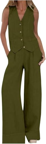 UPOI Hosenanzug Damen 2 Teiler Sommer Festlich Elegant Leinen Anzug Zweiteiler Sportlich Outfit Set Ärmellos Blazer V-Ausschnitt Weste und Hosen Hohe Taille Business Streetwear Frauen Freizeitanzug von UPOI