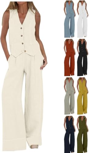 UPOI Hosenanzug Damen 2 Teiler Sommer Festlich Elegant Leinen Anzug Zweiteiler Sportlich Outfit Set Ärmellos Blazer V-Ausschnitt Weste und Hosen Hohe Taille Business Streetwear Frauen Freizeitanzug von UPOI
